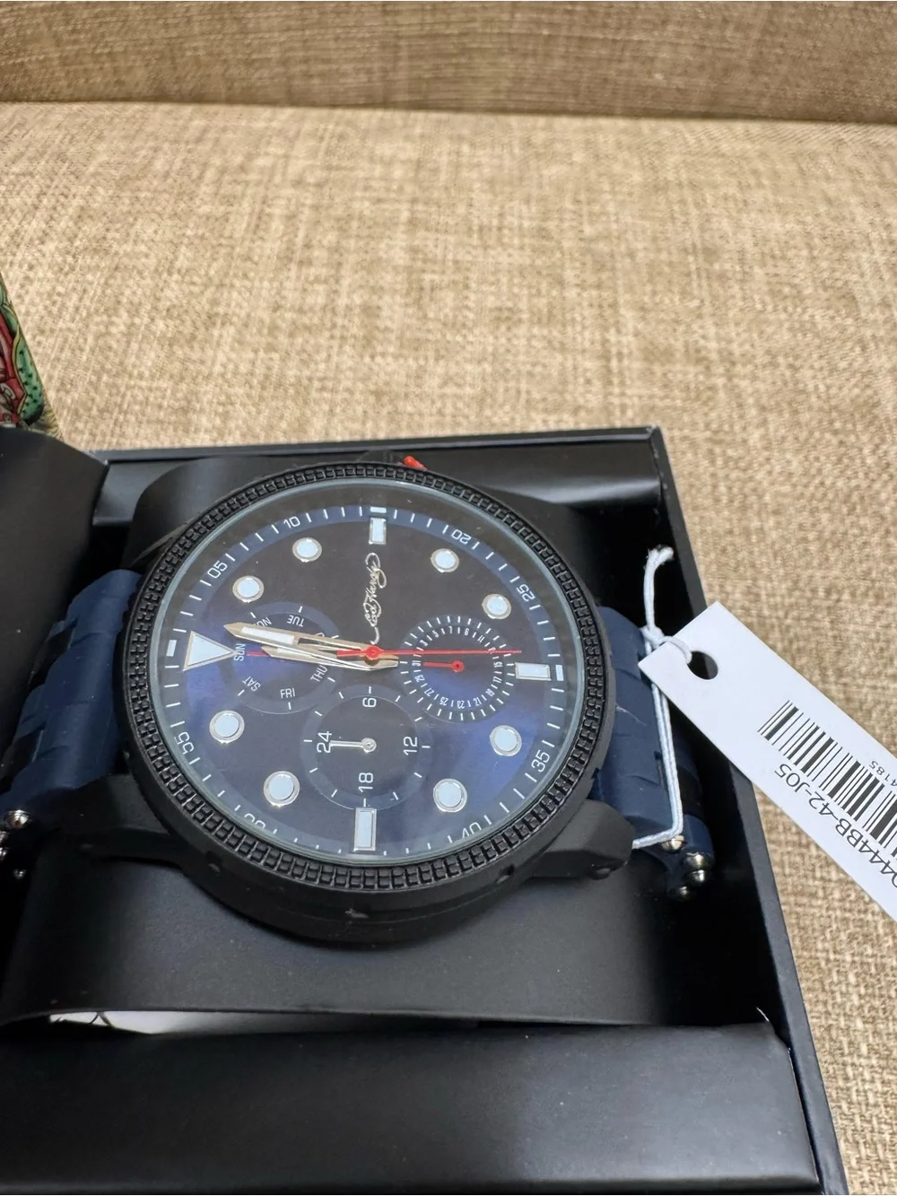 Ed Hardy Men’s Quartz Blue Dial Watch Black Metal Case Blue Rubber Strap Box